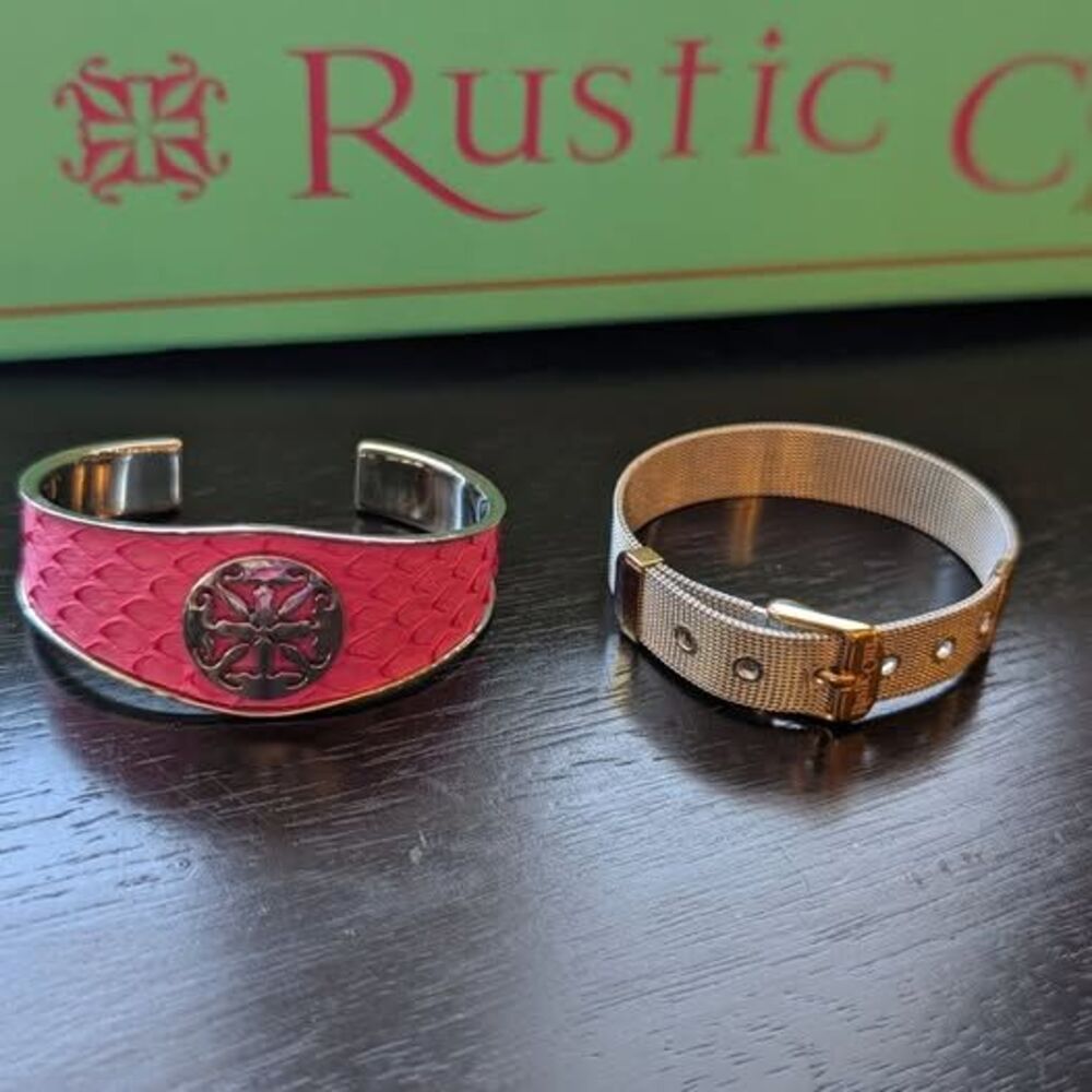 Rustic Cuff Pink Python Texture Medallion Cuff & Silver Mesh Buckle Bracelet